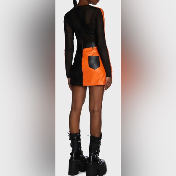 Sexy color block mini dress. Geometric: orange, black, white. Stretchy. M-L - Picture 3 of 15
